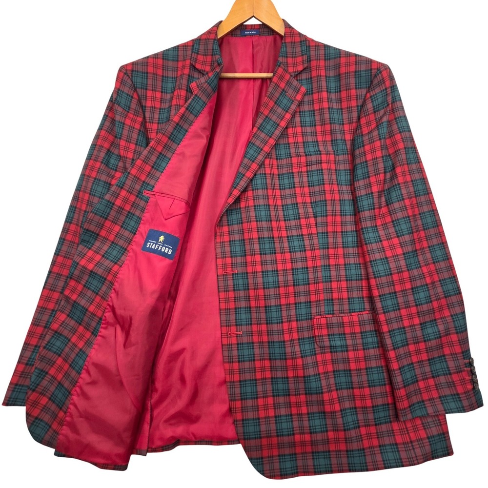 Stafford Red Tartan Plaid Wool Blend Sport Coat Blazer Mens 54L Big & Tall